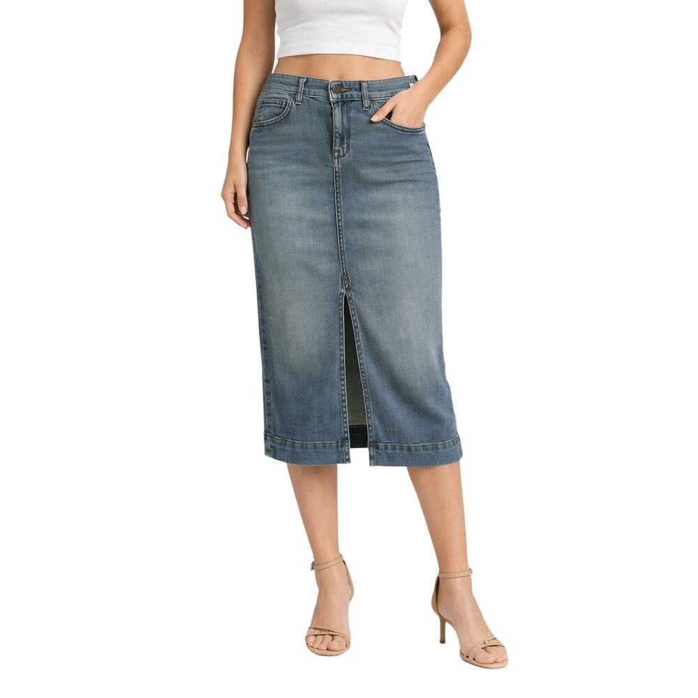 Rich & Skinny Denim Pencil Skirt Size 27 Below Knee 5 Pocket Front Slit Midi
